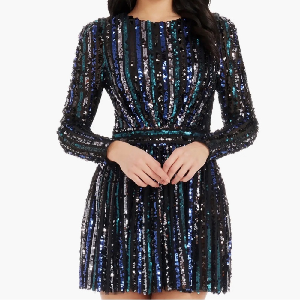 Dress the Population Black and Blue Sequin Long Sleeve Dress